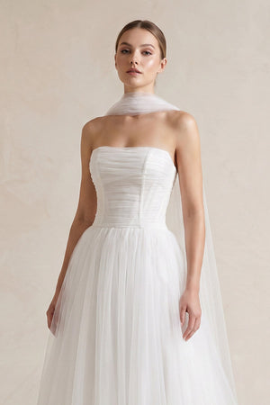 Strapless Chiffon A - Line Pleated Scarf Wedding Dress in Ivory - KISS BRIDAL Wedding Dresses