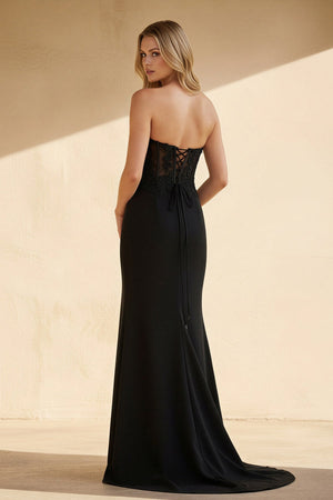 Strapless Corset Gown With Appliques in Black - SHE IS ME