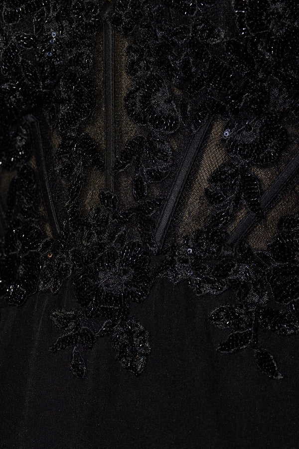 Strapless Corset Gown With Appliques in Black - SHE IS ME