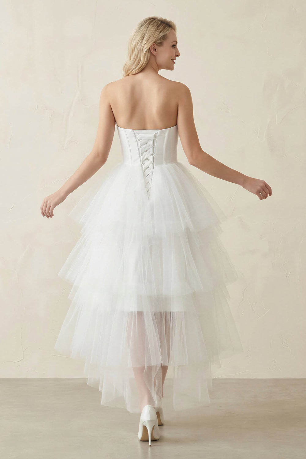 Strapless Corset Tulle Ruffled Midi Wedding Dress in White - KISS BRIDAL Wedding Dresses