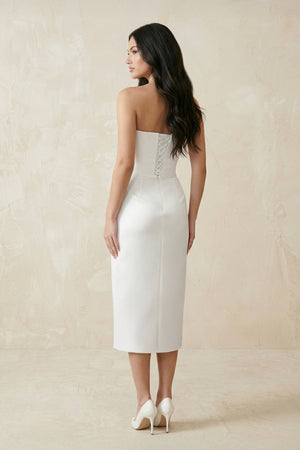 Strapless Crepe Sheath Midi Wedding Dress in White - SHE IS ME Wedding Dresses