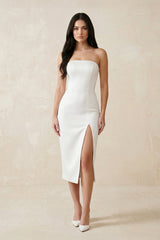Strapless Crepe Sheath Midi Wedding Dress in White - KISS BRIDAL Wedding Dresses