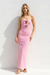Strapless Cutout Maxi Dress With Bow in Pink - KISS BRIDAL