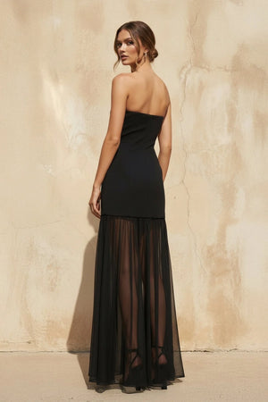 Strapless Fitted Sheer Maxi Dress in Black - SHE IS ME Prom Dresses