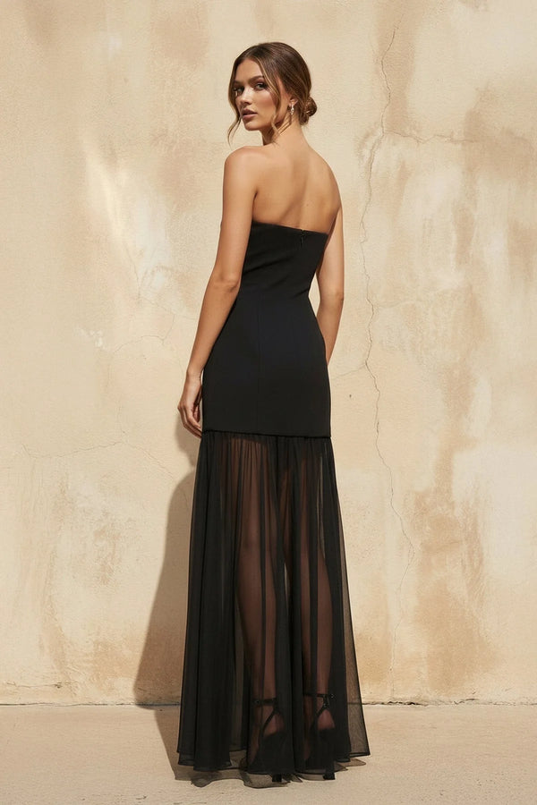 Strapless Fitted Sheer Maxi Dress in Black - SHE IS ME Prom Dresses