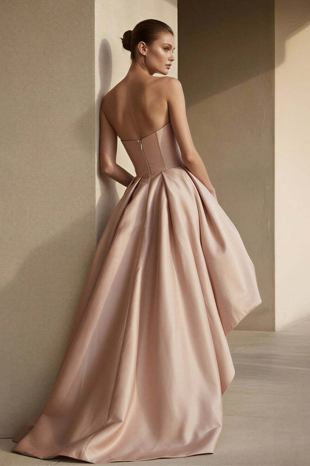Strapless High - Low Pleated Gown in Blush - SHE IS ME