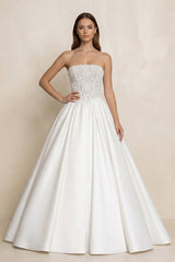 Strapless Lace Satin Corset Ball Gown Wedding Dress in White - KISS BRIDAL Wedding Dresses