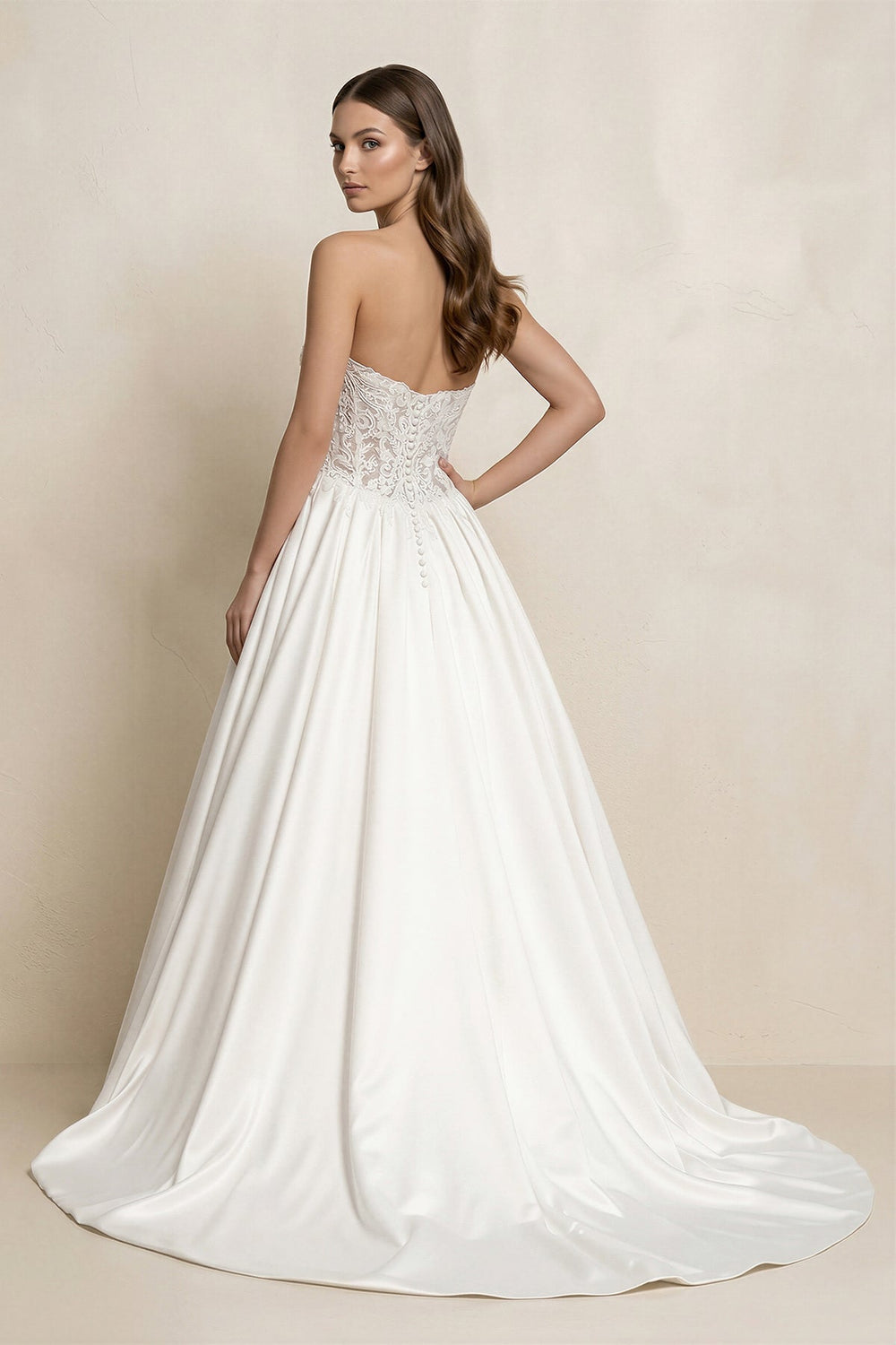Strapless Lace Satin Corset Ball Gown Wedding Dress in White - KISS BRIDAL Wedding Dresses