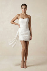 Strapless Lace Sheath Corset Mini Wedding Dress in White - KISS BRIDAL Wedding Dresses