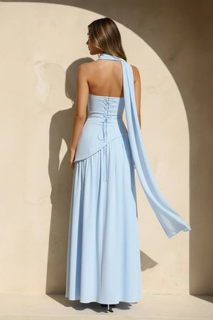 Strapless Maxi Dress With Scarf in Sky Blue - SHE IS ME