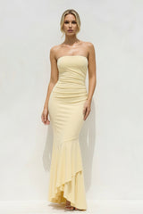 Strapless Mermaid Maxi Dress With Ruffles in Yellow - KISS BRIDAL PROM DRESSES