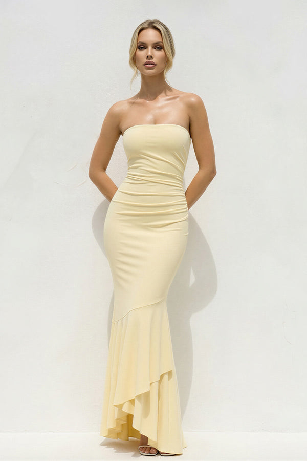 Strapless Mermaid Maxi Dress With Ruffles in Yellow - SHE IS ME PROM DRESSES