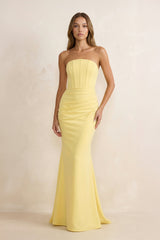 Strapless Mermaid Pleated Maxi Dress in Yellow - KISS BRIDAL PROM DRESSES