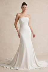 Strapless Mermaid Satin Maxi Wedding Dress in White| KISSBRIDAL 