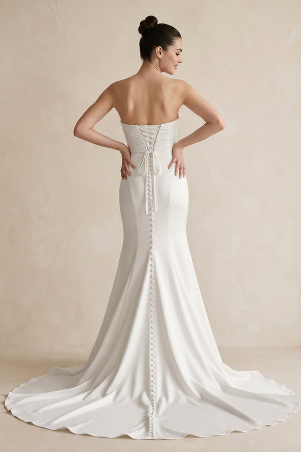Strapless Mermaid Satin Maxi Wedding Dress in White| KISSBRIDAL 