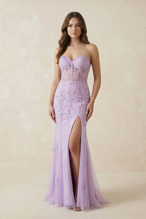 Strapless Mermaid Tulle Maxi Dress With Slit in Lilac