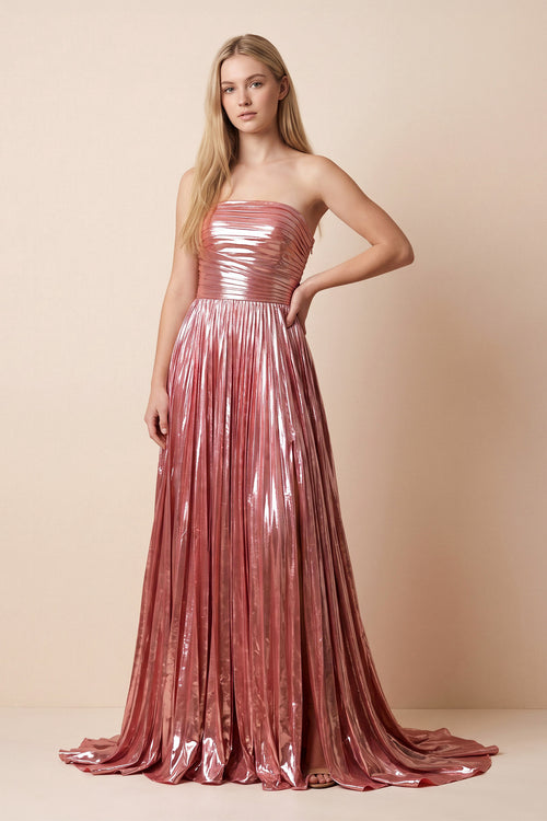 Pink Strapless Metallic Pleated Maxi Dress - KISSBRIDAL