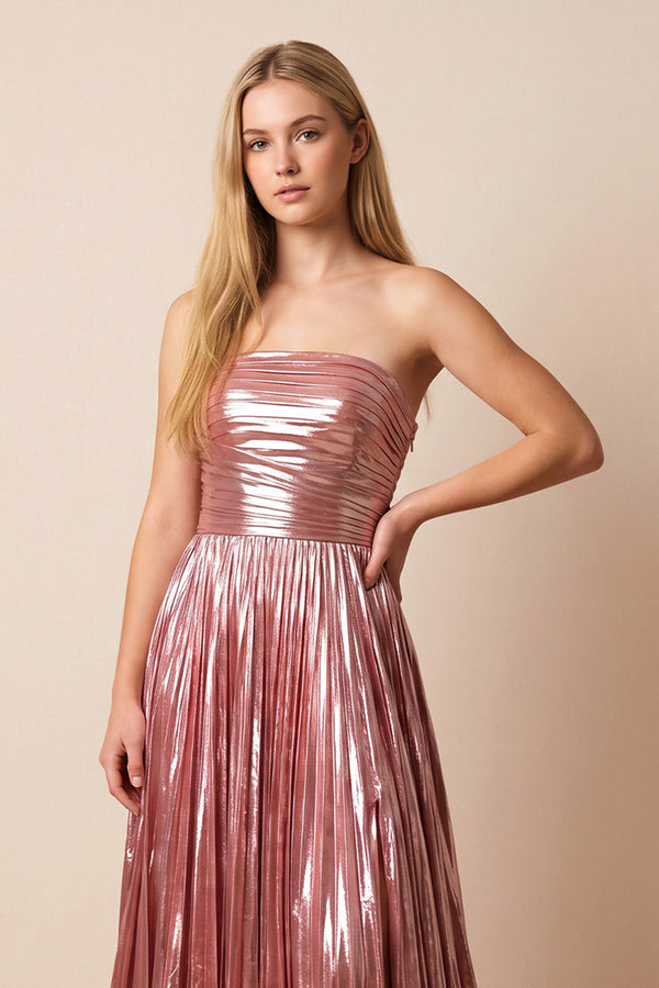 Pink Strapless Metallic Pleated Maxi Dress - KISSBRIDAL