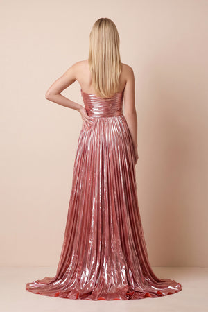 Pink Strapless Metallic Pleated Maxi Dress - KISSBRIDAL