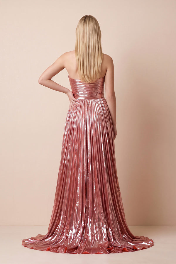 Pink Strapless Metallic Pleated Maxi Dress - KISSBRIDAL