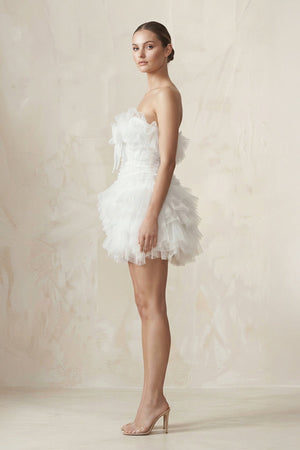 Strapless Organza Ruffled Bow Mini Wedding Dress in White - SHE IS ME Wedding Dresses