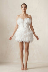 Strapless Organza Ruffled Bow Mini Wedding Dress in White - KISS BRIDAL Wedding Dresses
