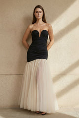 Strapless Pleated Gown With Slit in Black and Ivory - KISSBRIDAL