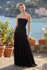 Strapless Pleated Maxi Dress in Black - KISS BRIDAL
