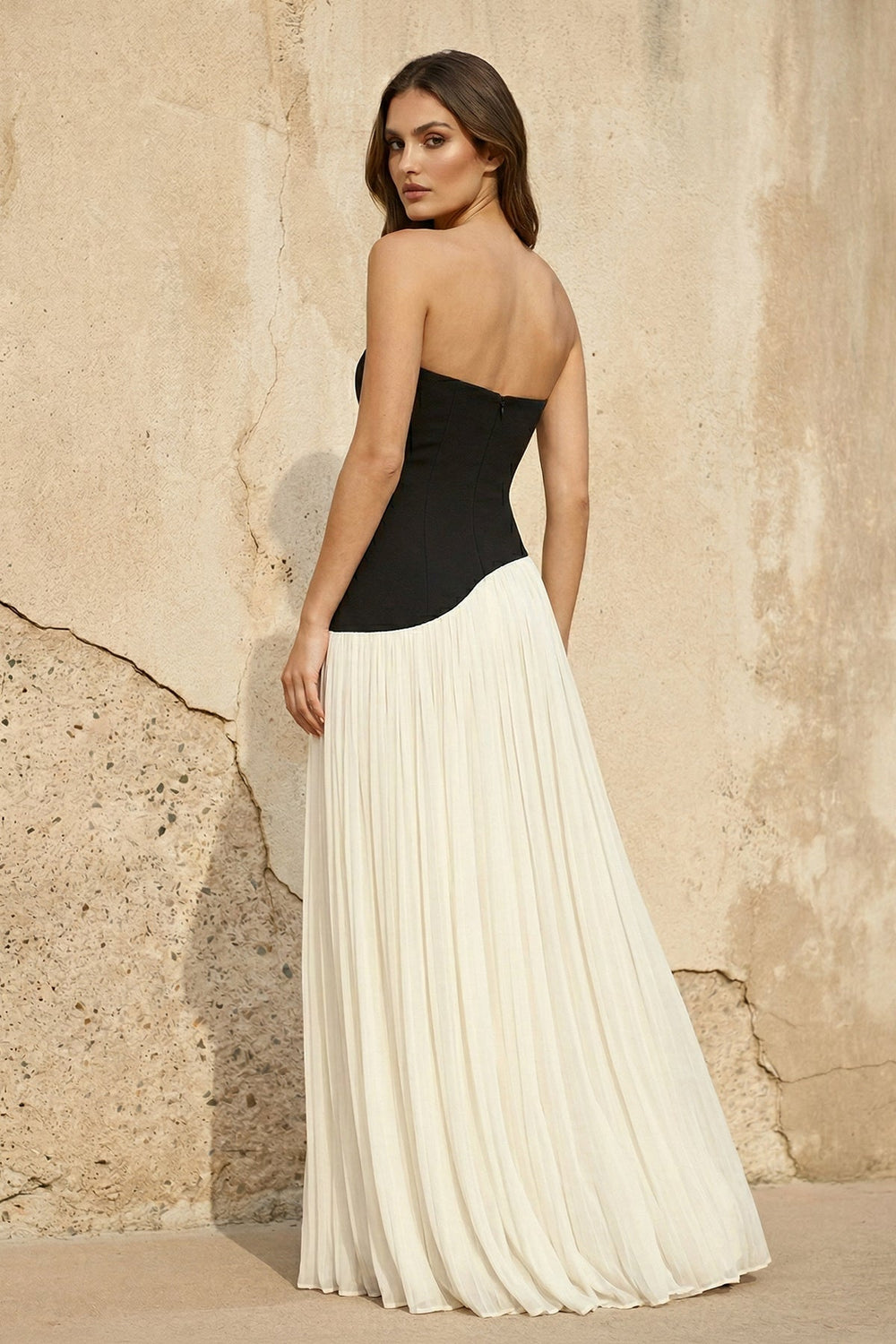 Strapless Pleated Maxi Dress in Black and Ivory - KISS BRIDAL PROM DRESSES