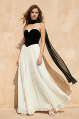 Strapless Pleated Maxi Dress in Black and Ivory - KISS BRIDAL