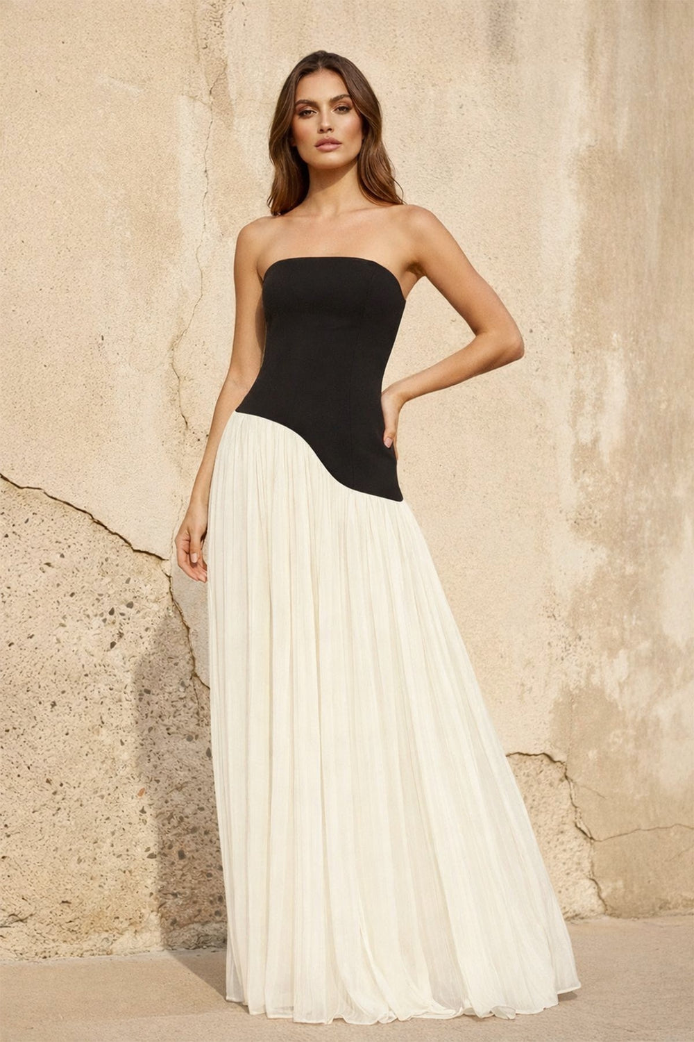 Strapless Pleated Maxi Dress in Black and Ivory - KISS BRIDAL PROM DRESSES