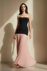 Strapless Pleated Maxi Dress in Black and Pink - KISS BRIDAL