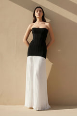 Strapless Pleated Maxi Dress in Black and White - KISS BRIDAL