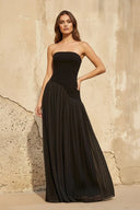 Strapless Pleated Maxi Dress in Black - KISS BRIDAL PROM DRESSES