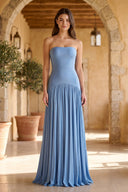 Strapless Pleated Maxi Dress in Steel Blue- SHE IS ME
