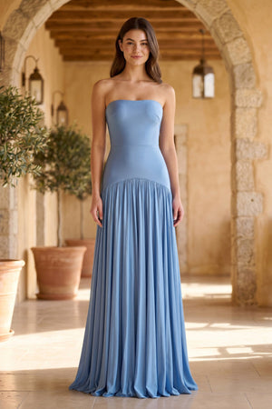 Strapless Pleated Maxi Dress in Steel Blue- SHE IS ME