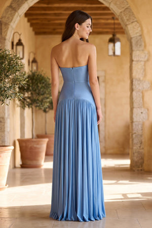 Strapless Pleated Maxi Dress in Steel Blue- SHE IS ME