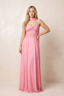 Pink Strapless Pleated Maxi Dress With Scarf - KISS BRIDAL