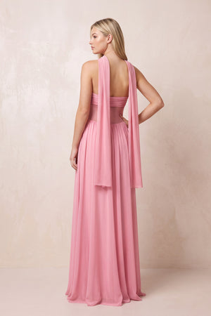 Pink Strapless Pleated Maxi Dress With Scarf - KISS BRIDAL