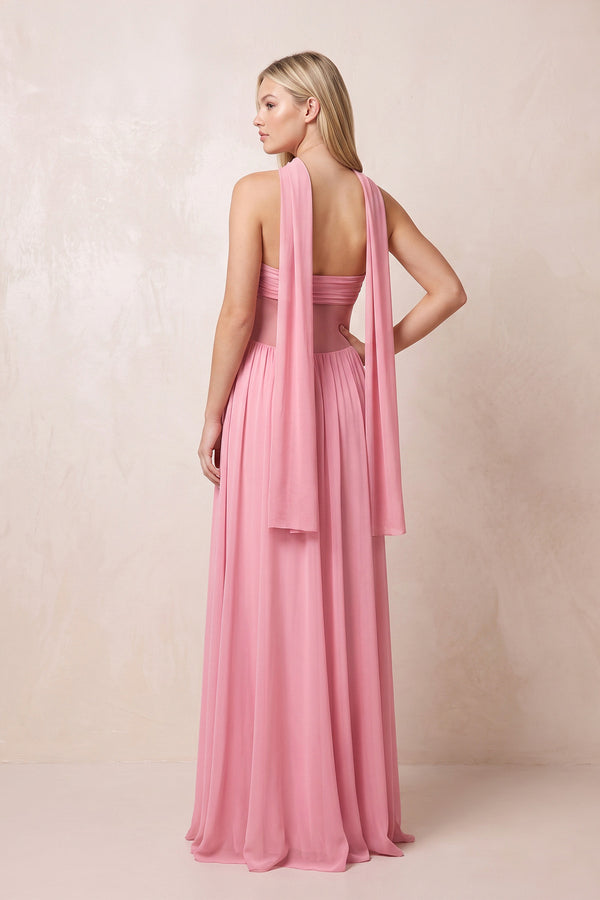 Pink Strapless Pleated Maxi Dress With Scarf - KISS BRIDAL