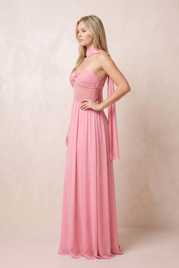 Pink Strapless Pleated Maxi Dress With Scarf - KISS BRIDAL