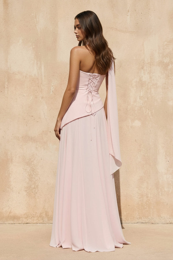 Strapless Pleated Maxi Dress with Scarf in Pink - SHE IS ME