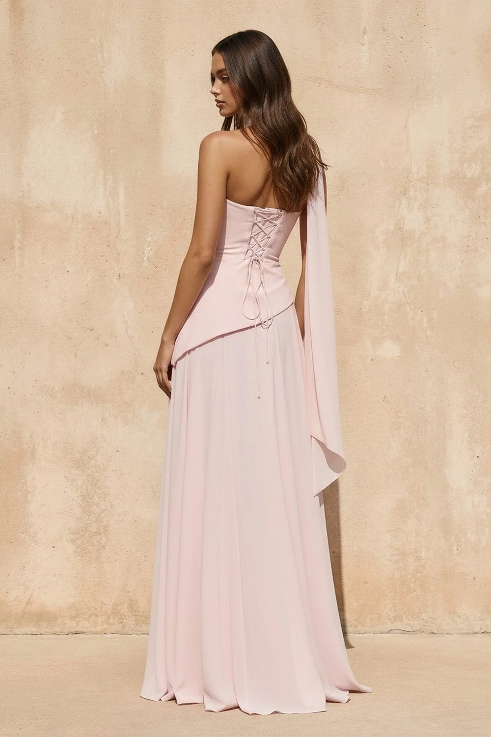 Strapless Pleated Maxi Dress with Scarf in Pink - SHE IS ME