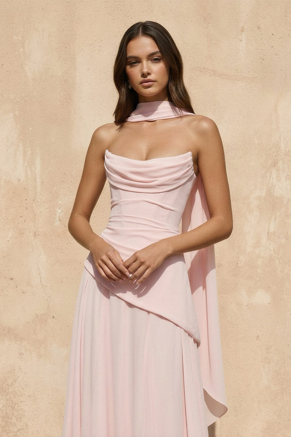 Strapless Pleated Maxi Dress with Scarf in Pink - SHE IS ME