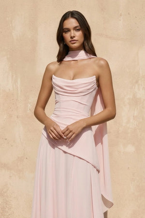 Strapless Pleated Maxi Dress with Scarf in Pink - SHE IS ME