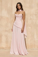 Strapless Pleated Maxi Dress with Scarf in Pink - KISS BRIDAL