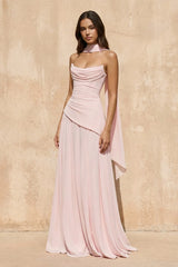 Strapless Pleated Maxi Dress with Scarf in Pink - KISS BRIDAL
