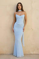 Strapless Pleated Maxi Dress With Scarf in Sky Blue - KISS BRIDAL