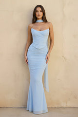 Strapless Pleated Maxi Dress With Scarf in Sky Blue - KISS BRIDAL