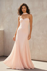 Strapless Pleated Sheath Gown in Blush Pink - KISS BRIDAL PROM DRESSES